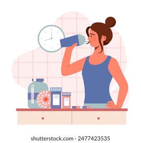 Concepto de atención médica. Niña joven bebe agua de la botella. Estilo de vida activo y saludable. Fitness y deportes, entrenamiento. Carácter con vitaminas y proteínas. Ilustración vectorial plana