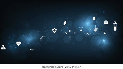 Health care concept.Medical technology network design.Icon medical network connection with modern on dark blue background.