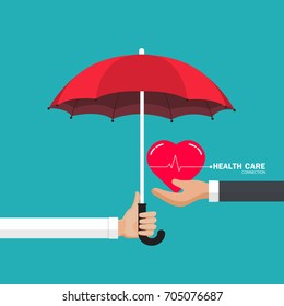 Health Care Connection Concept. Protection Health. Care Medical.Doctor Holding An Umbrella, Person Protecting The Heart. Vector Illustration Flat Design Style.