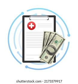 Health care costs. Drugs Price Increase. Clipboard with document. Vector stock illustration.