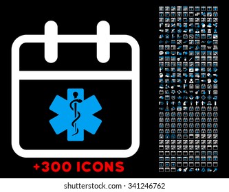 Health Care Date vector icon with additional 300 date and time management pictograms. Style is bicolor flat symbols, blue and white colors, rounded angles, black background.
