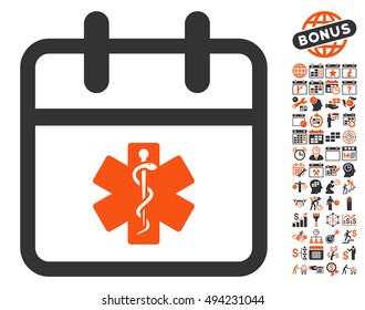 Health Care Day icon with bonus calendar and time management symbols. Vector illustration style is flat iconic bicolor symbols, orange and gray colors, white background.