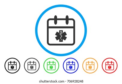 Health Care Day vector rounded icon. Image style is a flat gray icon symbol inside a blue circle. Additional color versions are gray, black, blue, green, red, orange.
