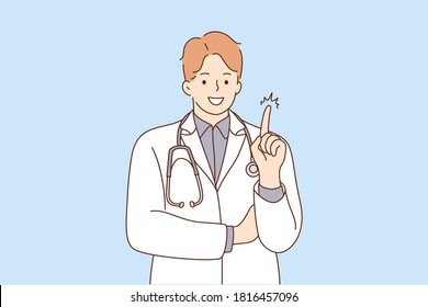 Health, care, denial, prohibition concept. Young happy smiling doctor hospital worker cartoon character standing saying No with finger sign. Rejection denying treatment or medical support illustration