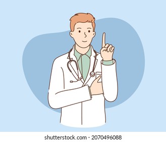 Health, care, denial, prohibition. Young happy smiling doctor hospital worker cartoon character standing saying No with finger sign.