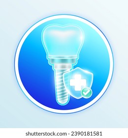 Health care dental implant. Medical symbol cross in blue shield and check mark in green button. Labels for design food and pharmaceutical business products. Vector EPS10.