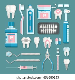 Health care dentist medical tools medicine instrument stomatology icons implantation clinic vector illustration.