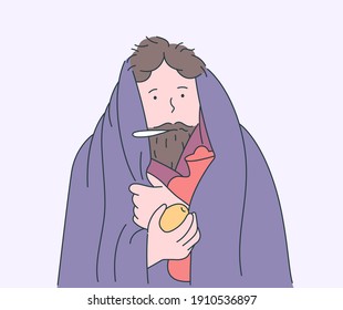 Health, care, desease, cold, medicine concept. Sick man in warm clothes with thermometer, holds lemon