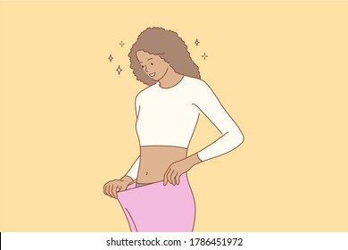Health, care, dieting, success, goal achievement concept. Young happy smiling african american slim woman in old big jeans showing diet results. Healthy lifestyle and reaching purposes illustration.