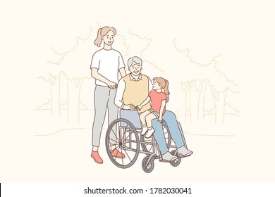 Health, care, disability, medicine, family, love concept. Young woman mother riding disabled handicapped grandfather in wheelchair kid child granddaughter on knees. Happy relationship medical support.