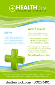 Modelo de documento de assistência médica com ícone cruzado brilhante tridimensional