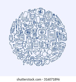 Health care doodle icons in a circle, background, vector