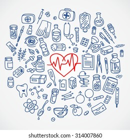 Health Care Doodle Icons Seamless Background, Vector