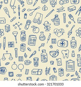 Health care doodle icons seamless background, vector