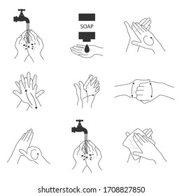 Health care educational infographics. How to wash your hands correctly, step by step. Hand hygiene concepts in detail. Health care hygiene protection from viruses, bacteria, coronaviruses, COVID-19