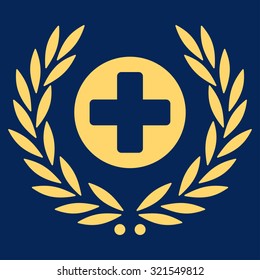 Health Care Embleme vector icon. Style is flat symbol, yellow color, rounded angles, blue background.