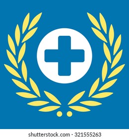 Health Care Embleme vector icon. Style is bicolor flat symbol, yellow and white colors, rounded angles, blue background.