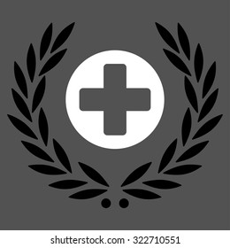 Health Care Embleme vector icon. Style is bicolor flat symbol, black and white colors, rounded angles, gray background.