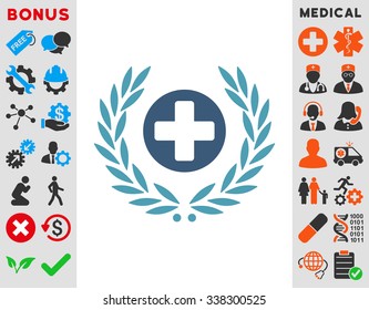 Health Care Embleme vector icon with bonus. Style is bicolor flat symbol, cyan and blue colors, rounded angles, white background.