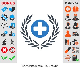 Health Care Embleme vector icon. Style is bicolor flat symbol, smooth blue colors, rounded angles, white background.