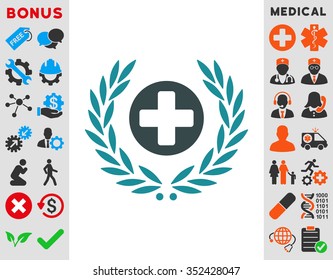 Health Care Embleme vector icon. Style is bicolor flat symbol, soft blue colors, rounded angles, white background.