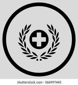 Health Care Embleme vector icon. Style is flat circled symbol, black color, rounded angles, light gray background.