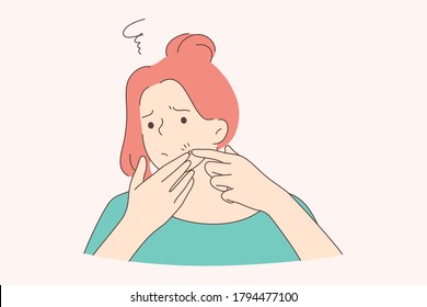 Health, care, examination, frustration concept. Young sad upset woman girl teenager cartoon character looking at mirror popping squeezing pimple at home. Age problem of acne prone skin illustration.