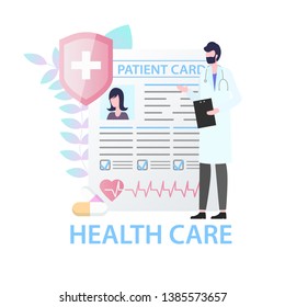 Health Care Female Patient Card Male Doctor Vector Illustration. Record Paper Document Medical Diagnosis Information. Heart Check Ilness Treatment Prescription Medication Healthcare Insurance