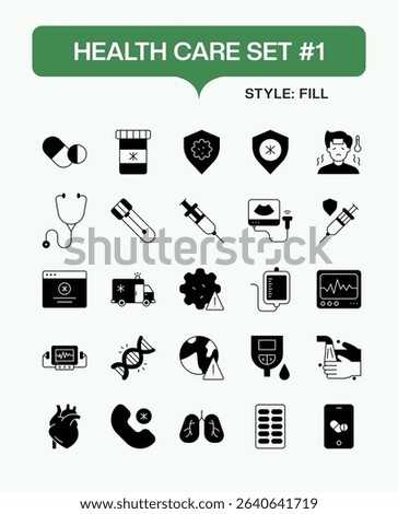 Health Care Fill Icon Set – Medical Vector Icons of Hospital, Doctor, First Aid, Heart, Medicine, Healthcare Equipment, and Medical Services