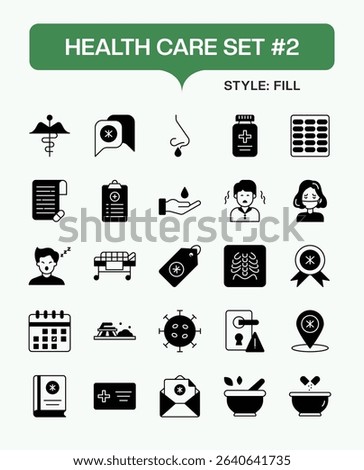 Health Care Fill Icon Set – Medical Vector Icons of Hospital, Doctor, First Aid, Heart, Medicine, Healthcare Equipment, and Medical Services for Infographics, Apps, and Professional Use