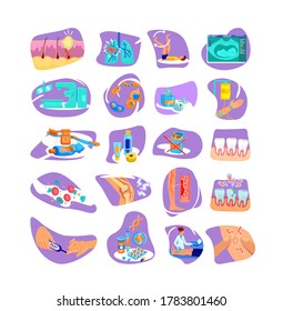Conjunto de ilustraciones vectoriales de concepto plano de atención de la salud. Tratamiento hospitalario profesional. Personajes de dibujos animados 2D para el diseño web de pacientes y médicos. Colección de ideas creativas sobre enfermedades y enfermedades