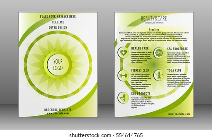 Health Care Flyer Design Template. Headline Brochure Cover With Infographic Elements Of Fitness And Yoga Clubs, Healing And Spa Centers, And Natural Food Production