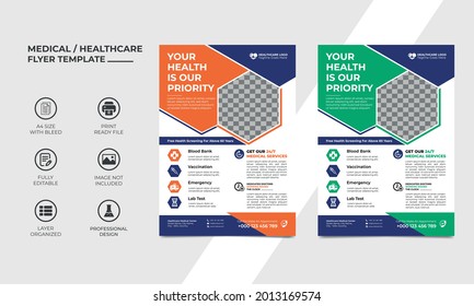 health care flyer template design with an image placement, two color variation. Orange, blue and green is used as base color, professional looking, organized, fully editable template. Vector eps 10