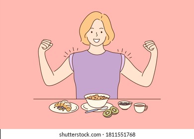 Health, care, food, diet concept. Young happy miling cheerful woman girl cartoon character eating breakfast dinner lunch supper showing muscles. Dieting healthy lifestyle loosing weight illustration.
