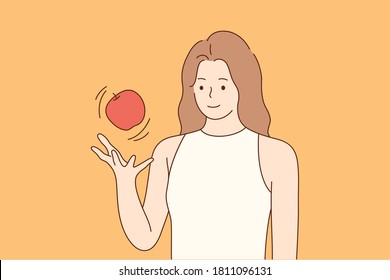 Health, care, food, vegan, diet concept. Young happy smiling woman girl cartoon character throwing fresh fruit red apple in air. Healthy lifestyle and vegetarian organic vitamin nutrition illustration