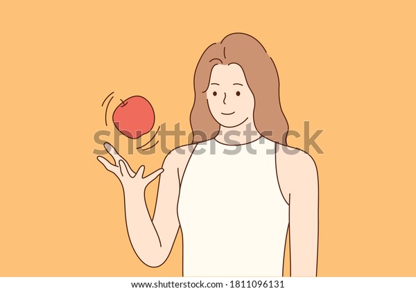 Health, care, food, vegan, diet concept.\
Young happy smiling woman girl cartoon character throwing fresh\
fruit red apple in air. Healthy lifestyle and vegetarian organic\
vitamin nutrition\
illustration