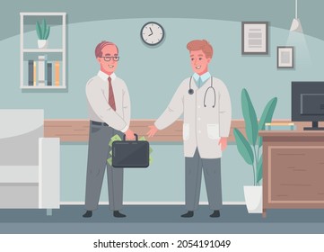 Health Care Fraud Corruption Cartoon Composition With Doctor In Uniform Taking Bribe In His Office Vector Illustration