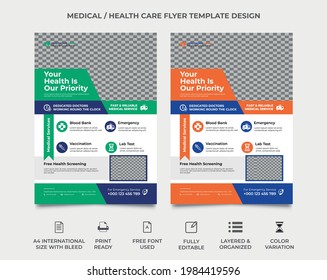 health care geometric shape a4 size flyer design template, two color variation, a doctor image can use in the template, orange and blue, green and blue color variant, vector eps 10, fully editable