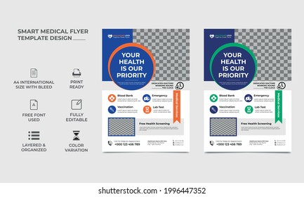 health care geometric shape a4 size flyer design template, two color variation, a doctor image can use in the template, orange and blue, green and blue color variant, vector eps 10, fully editable.