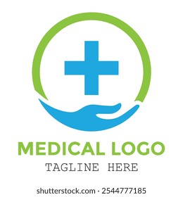 Círculo verde da saúde com mão azul e design do logotipo da cruz médica