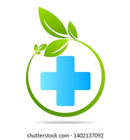 Health care green medical cross and leaf,  logo isolated