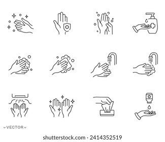 Health care hand washing process with rinse water, Icon set disease prevention protect. Vector cleaner, antiseptic, antibacterial symbol, faucet, safety icon thin line, editable stroke eps 10 vector