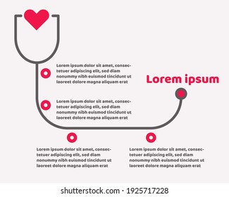 Health care or heart disease charts concept. Timeline infographic, stethoscope and red hearts shape. Flat Vector design template.