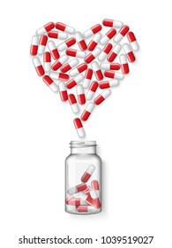 Health care of heart Medical banner. Vector realistic opened medical plastic bottle with tablets pills, tablets, capsules, drug of painkillers, antibiotics, vitamins and small bottle.