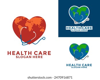 Health Care With Heart and World Maps logo Template, stethoscope logo healthcare and medical logo design vector