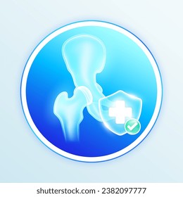 Health care hip joint bone human internal organs. Medical symbol cross in blue shield and check mark in green button. Labels for design food and pharmaceutical business products. Vector EPS10.