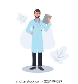 Health care hospital worker,doctor physician, practitioner, paramedic holding medical history notepad, stethoscope. , therapist. Vector illustration 