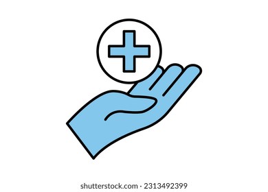 Health care icon. Hand and medical cross vector. Two tone icon style design. Simple vector design editable