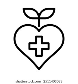 Health care icon. Hospital sign placed in the middle of heart with growth leaf. Outline style. Vector. Isolate on white background.