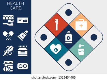 health care icon set. 13 filled health care icons.  Simple modern icons about  - Sun cream, Pills, Drugs, Needle, Medicine, Ointment, Toothbrush, Emergency kit, Hospital, Powder